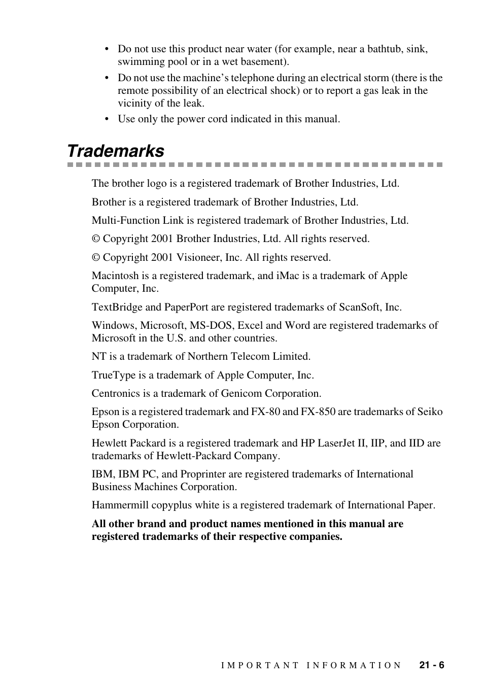 Trademarks, Trademarks -6 | Brother MFC-8500 User Manual | Page 193 / 234