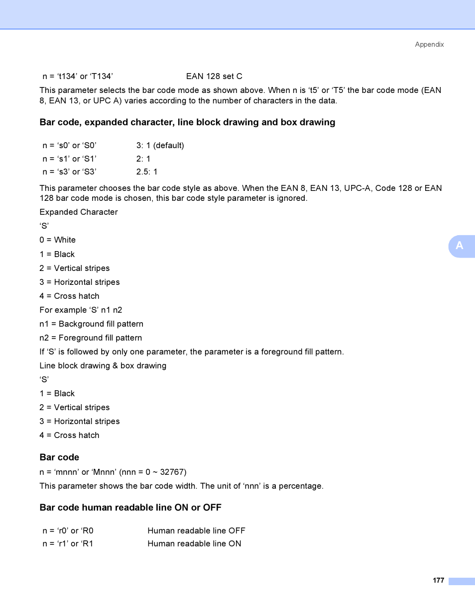 Bar code, Bar code human readable line on or off | Brother HL 3070CW User Manual | Page 187 / 200