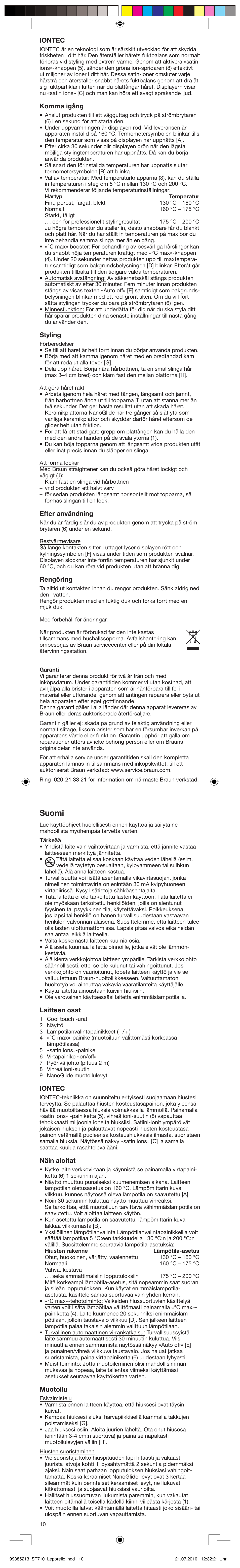 Suomi, Iontec, Komma igång | Styling, Efter användning, Rengöring, Laitteen osat, Näin aloitat, Muotoilu | Braun ST710 Satin Hair 7 User Manual | Page 10 / 23