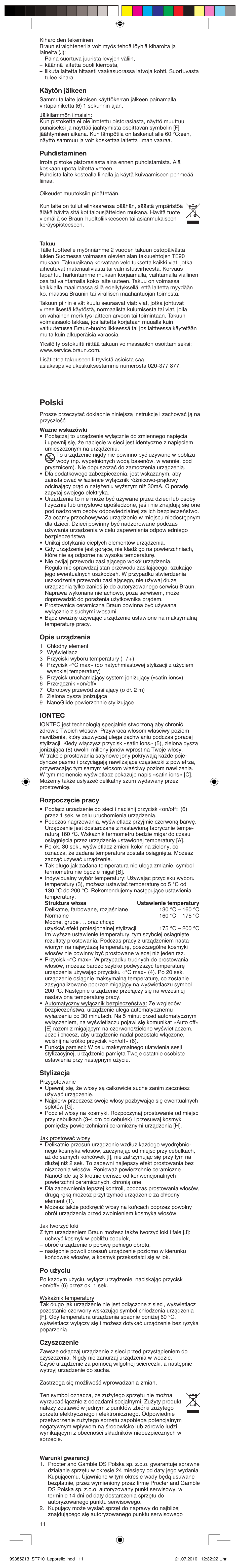 Polski, Käytön jälkeen, Puhdistaminen | Opis urządzenia, Iontec, Rozpoczęcie pracy, Stylizacja, Po użyciu, Czyszczenie | Braun ST710 Satin Hair 7 User Manual | Page 11 / 23