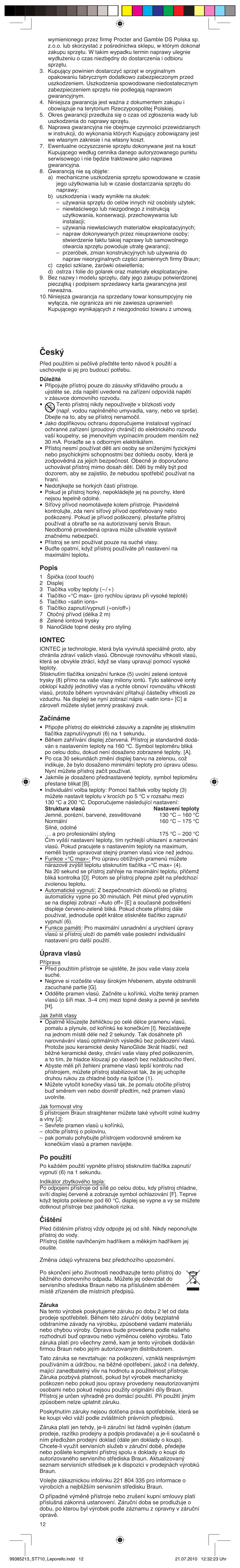 Âesk, Popis, Iontec | Začínáme, Úprava vlasů, Po použití, Čištění | Braun ST710 Satin Hair 7 User Manual | Page 12 / 23