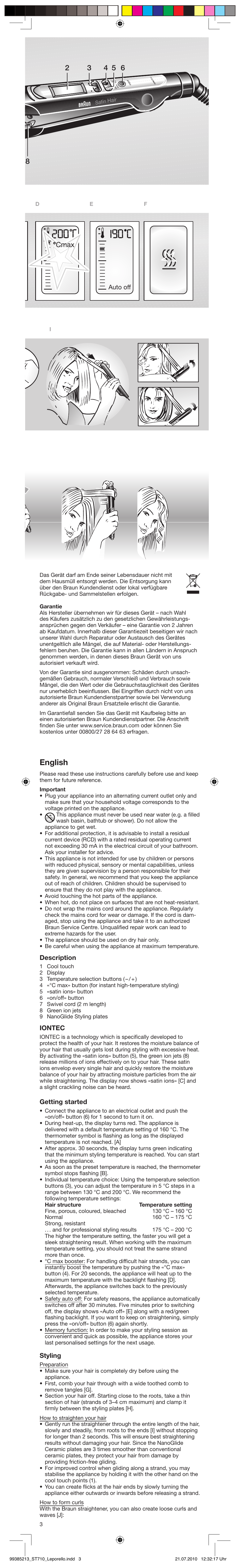 English, Description, Iontec | Getting started, Styling, Auto off | Braun ST710 Satin Hair 7 User Manual | Page 3 / 23