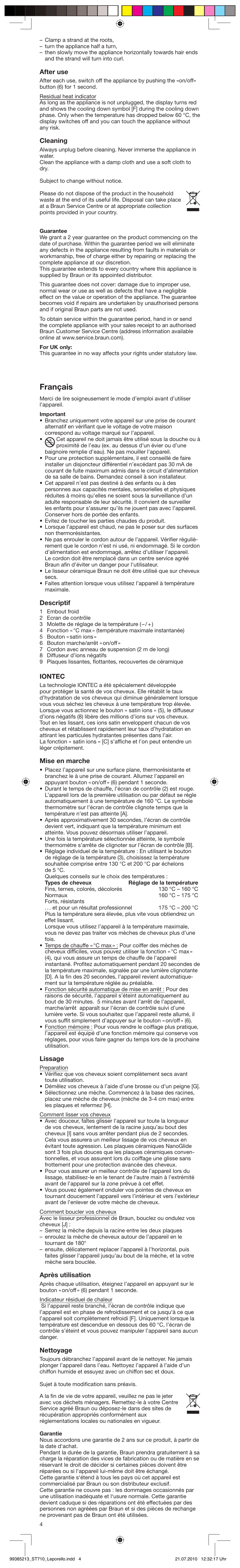 Français, After use, Cleaning | Descriptif, Iontec, Mise en marche, Lissage, Après utilisation, Nettoyage | Braun ST710 Satin Hair 7 User Manual | Page 4 / 23