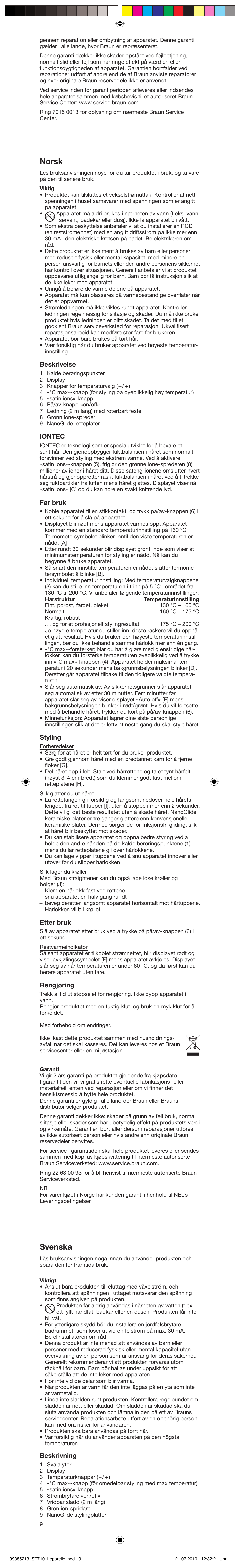 Norsk, Svenska, Beskrivelse | Iontec, Før bruk, Styling, Etter bruk, Rengjøring, Beskrivning | Braun ST710 Satin Hair 7 User Manual | Page 9 / 23