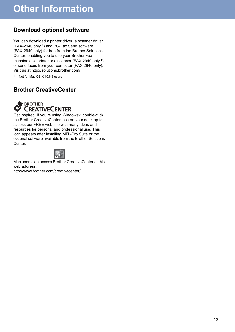 Other information, Download optional software, Brother creativecenter | Brother FAX-2840 User Manual | Page 13 / 15
