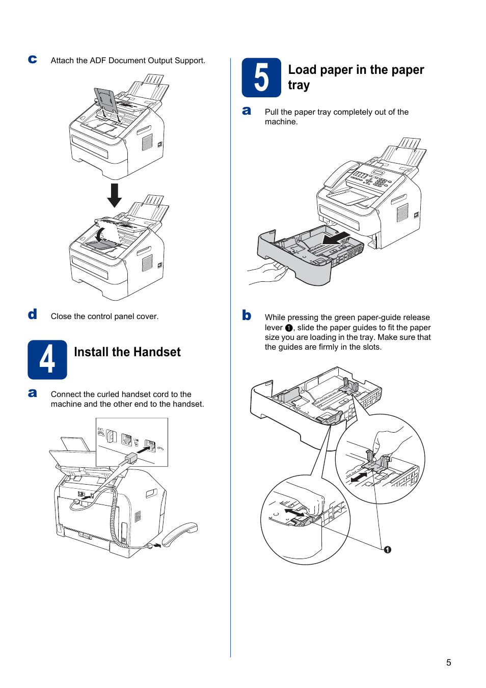 4 install the handset, 5 load paper in the paper tray | Brother FAX-2840 User Manual | Page 5 / 15