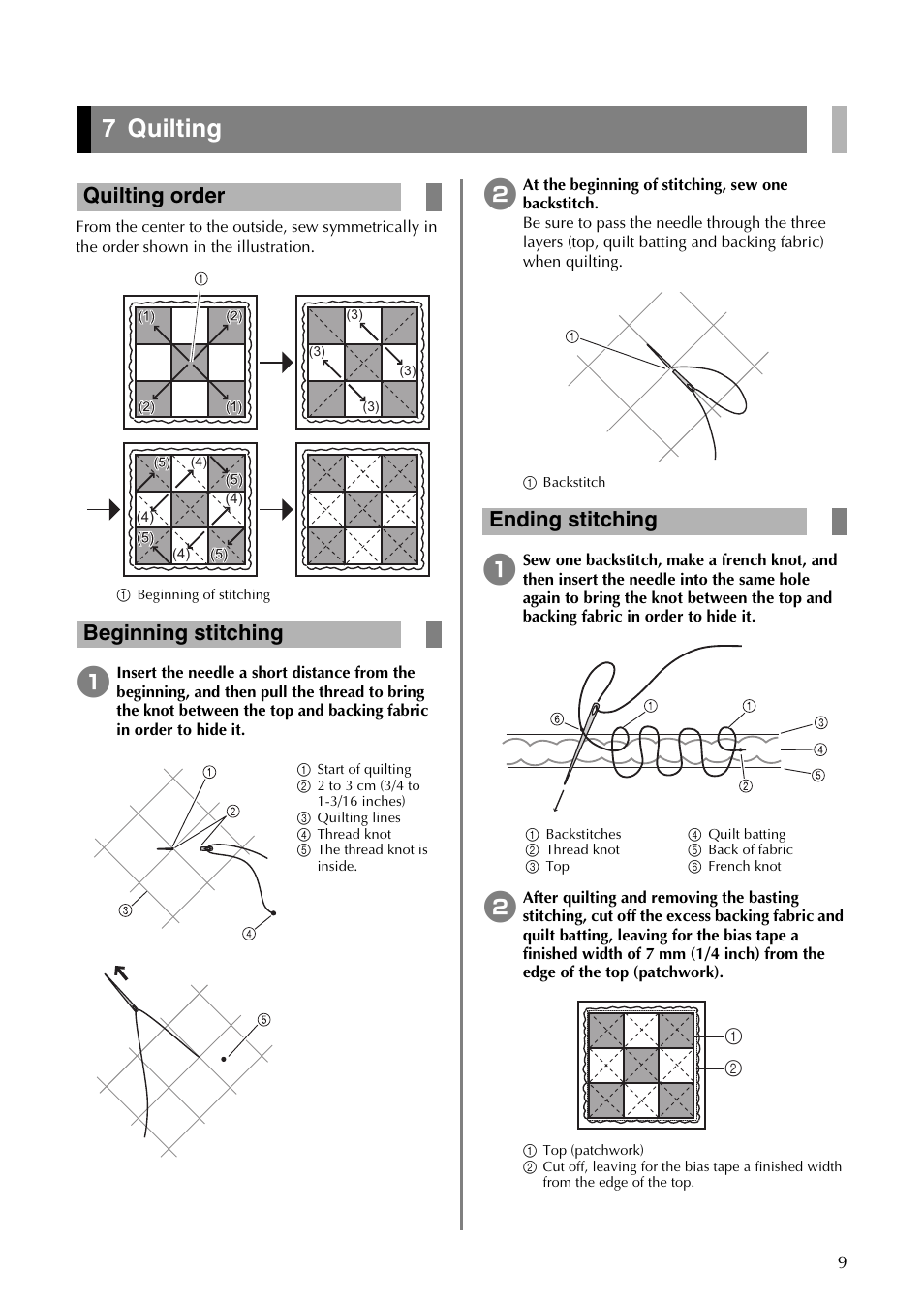 7 quilting, Quilting order beginning stitching, Ending stitching | Brother CM550DX User Manual | Page 9 / 12