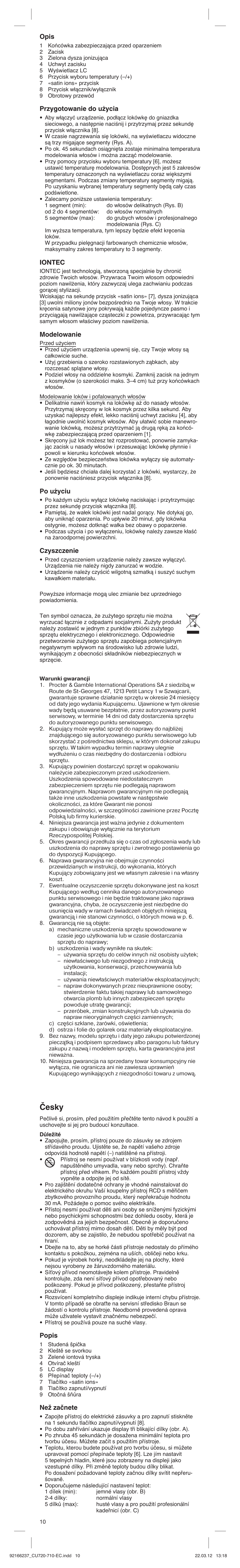 Česky, Opis, Przygotowanie do użycia | Iontec, Modelowanie, Po użyciu, Czyszczenie, Popis, Než začnete | Braun EC1 Satin Hair 7 User Manual | Page 10 / 19
