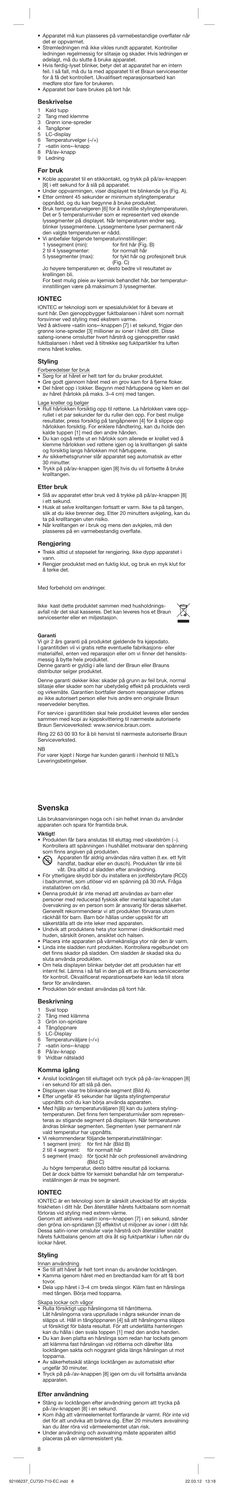 Svenska, Beskrivelse, Før bruk | Iontec, Styling, Etter bruk, Rengjøring, Beskrivning, Komma igång, Efter användning | Braun EC1 Satin Hair 7 User Manual | Page 8 / 19