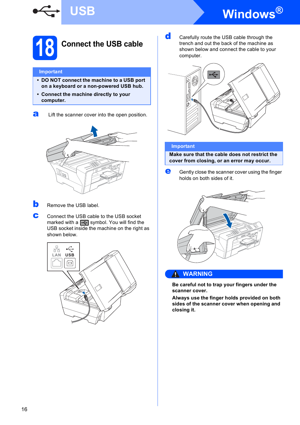 18 connect the usb cable, Windows | Brother MFC 6890CDW User Manual | Page 16 / 48
