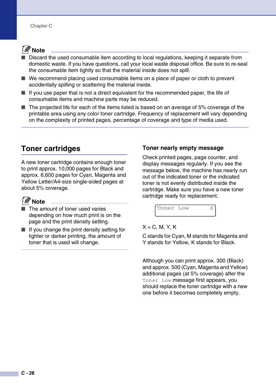 Toner cartridges, Toner nearly empty message | Brother MFC-9420CN User Manual | Page 153 / 195
