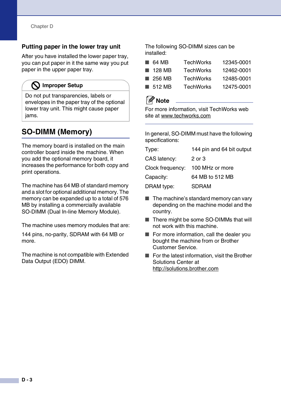 Putting paper in the lower tray unit, So-dimm (memory) | Brother MFC-9420CN User Manual | Page 171 / 195