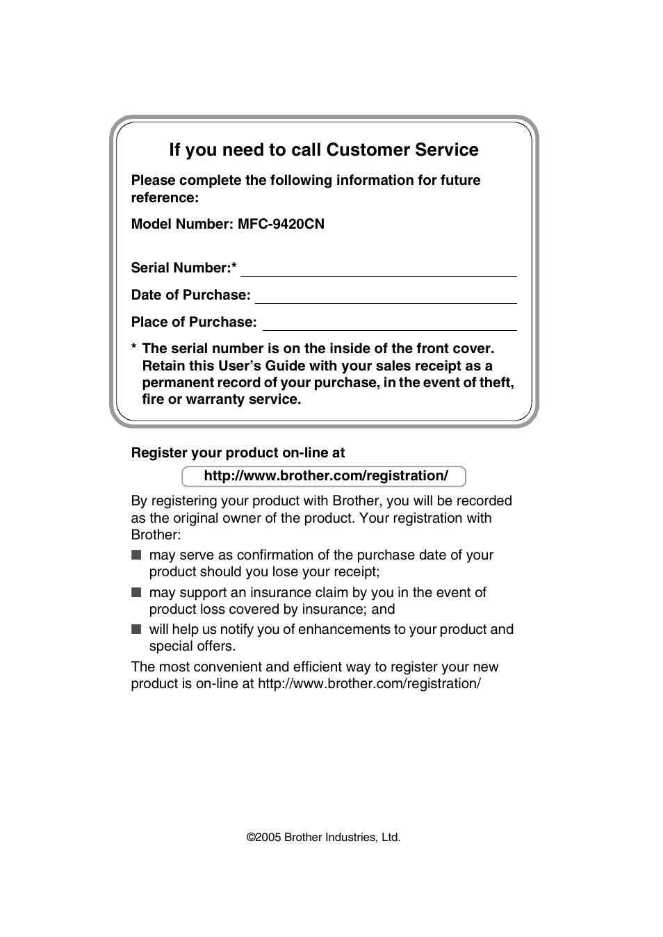 If you need to call customer service | Brother MFC-9420CN User Manual | Page 2 / 195