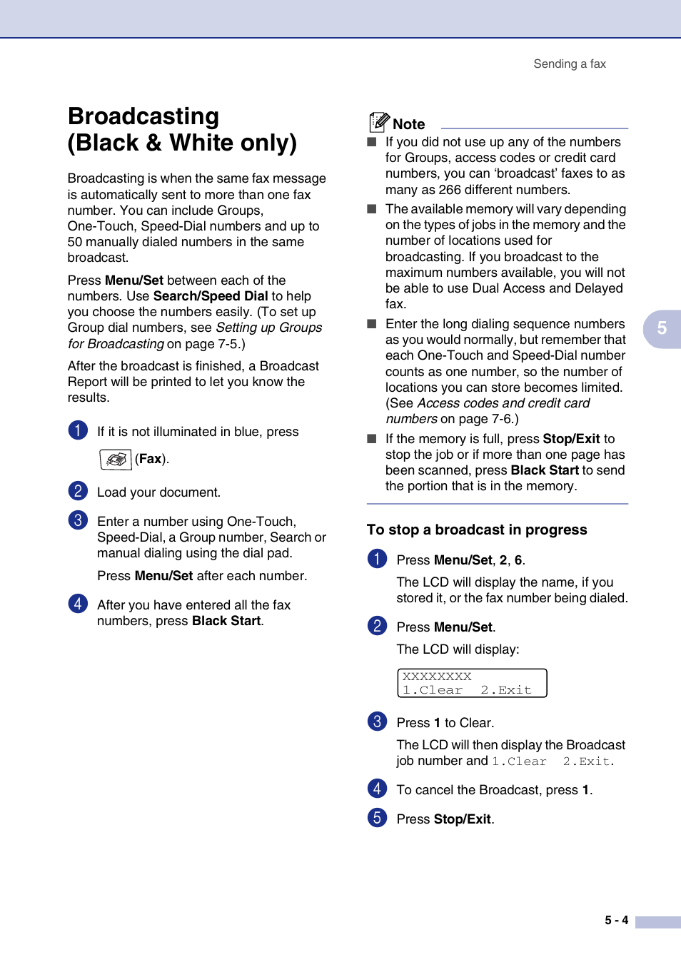 Broadcasting (black & white only), To stop a broadcast in progress, Broadcasting (black & white only) -4 | Brother MFC-9420CN User Manual | Page 54 / 195