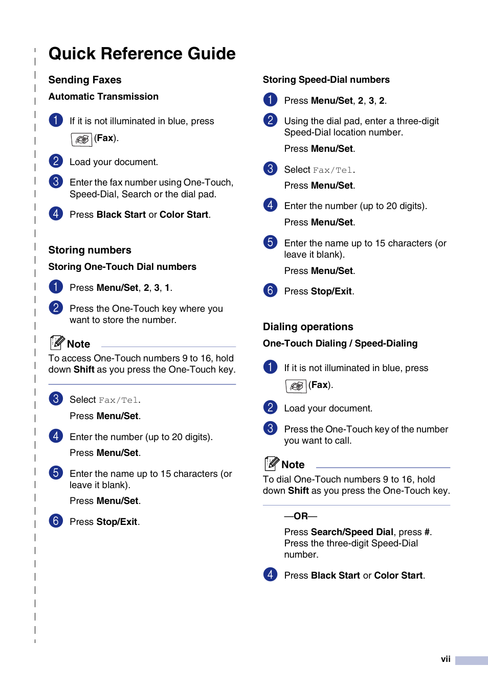 Quick reference guide, Sending faxes, Storing numbers | Dialing operations | Brother MFC-9420CN User Manual | Page 9 / 195