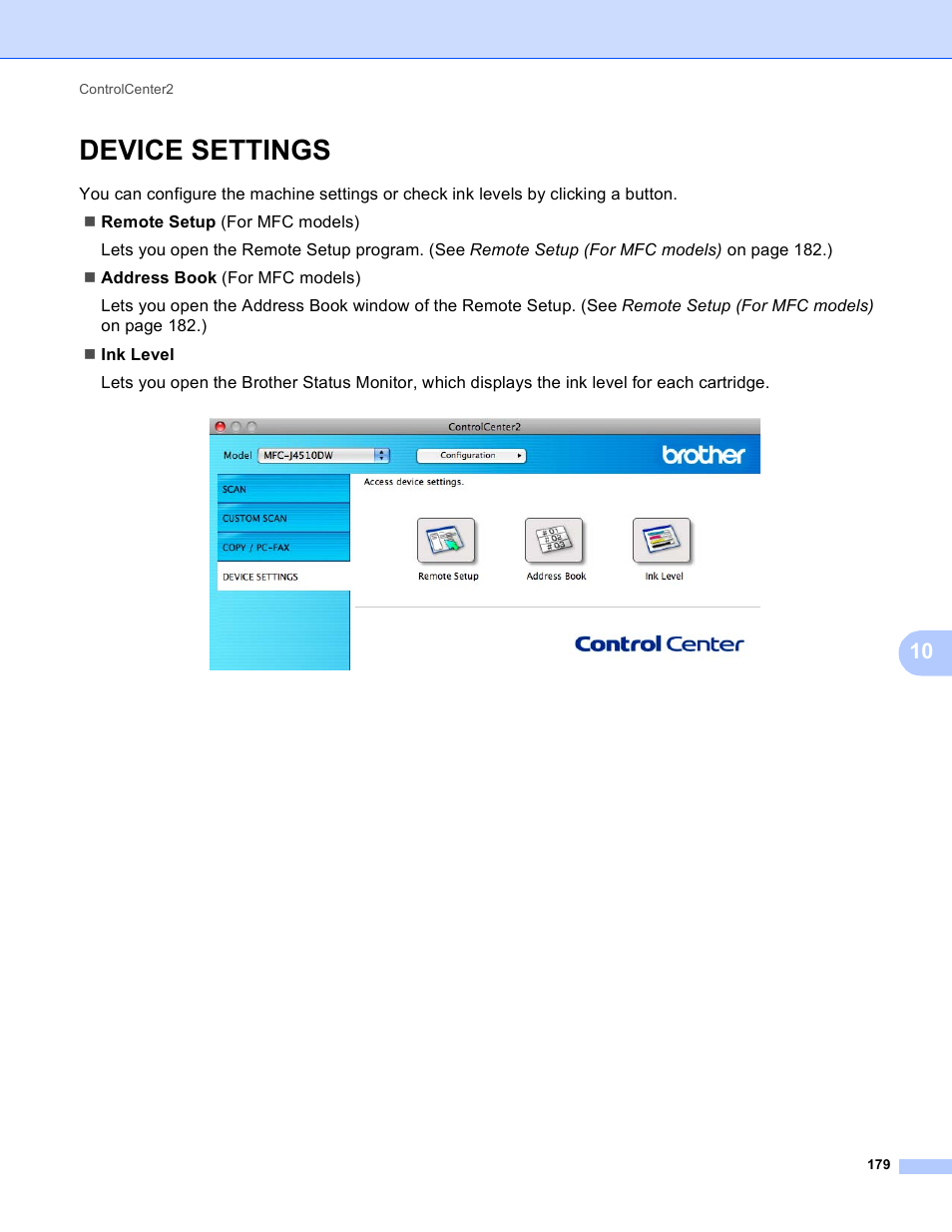 Device settings | Brother MFC-J4410DW User Manual | Page 187 / 240