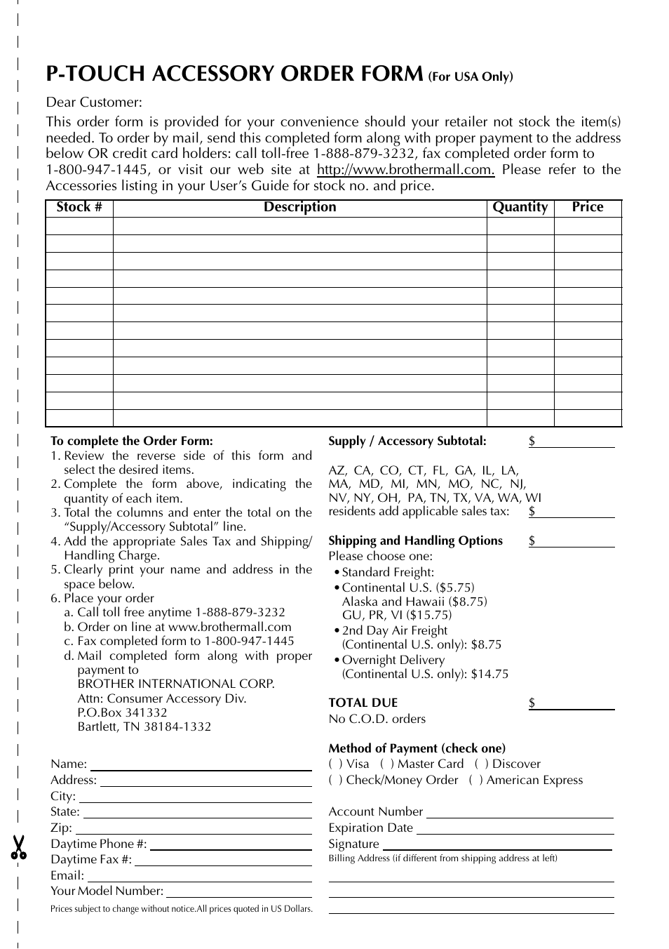 P-touch accessory order form | Brother PT-9500PC User Manual | Page 126 / 254