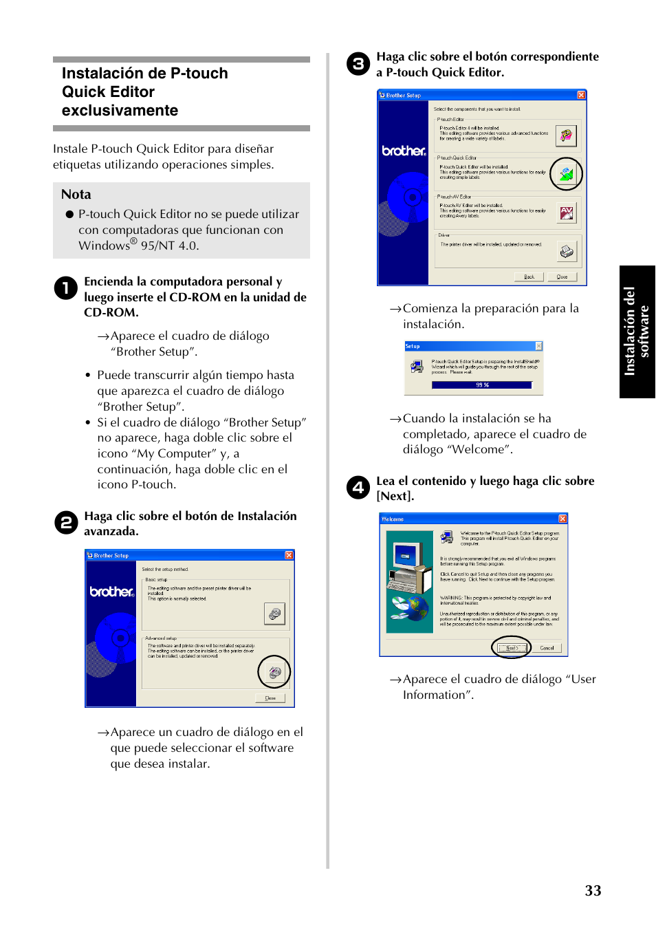 Instalación de p-touch quick editor exclusivamente, Instalación de, P-touch quick editor exclusivamente | P.33) | Brother PT-9500PC User Manual | Page 161 / 254