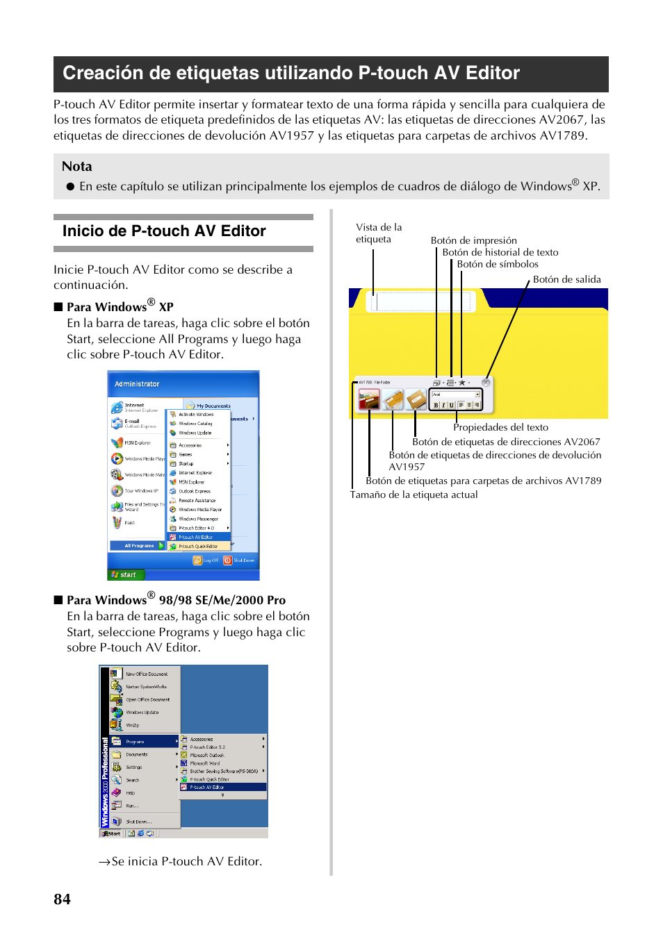 Creación de etiquetas utilizando p-touch av editor, Inicio de p-touch av editor, Nota | Brother PT-9500PC User Manual | Page 212 / 254