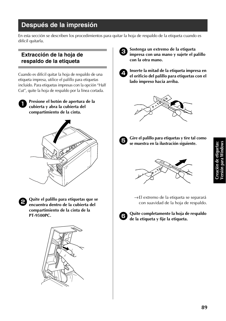 Después de la impresión, Extracción de la hoja de respaldo de la etiqueta | Brother PT-9500PC User Manual | Page 217 / 254