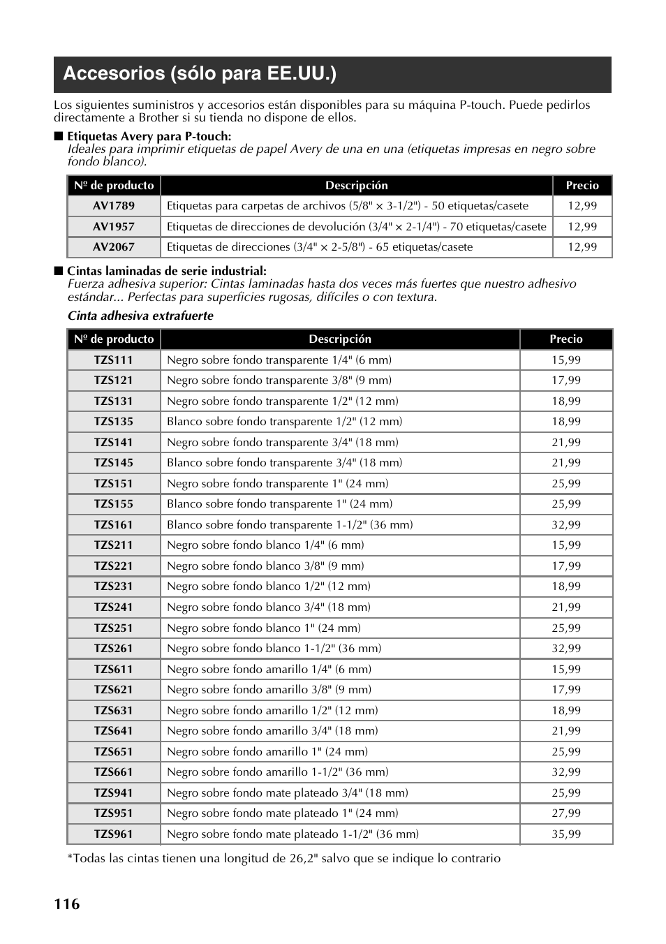 Accesorios (sólo para ee.uu.) | Brother PT-9500PC User Manual | Page 244 / 254