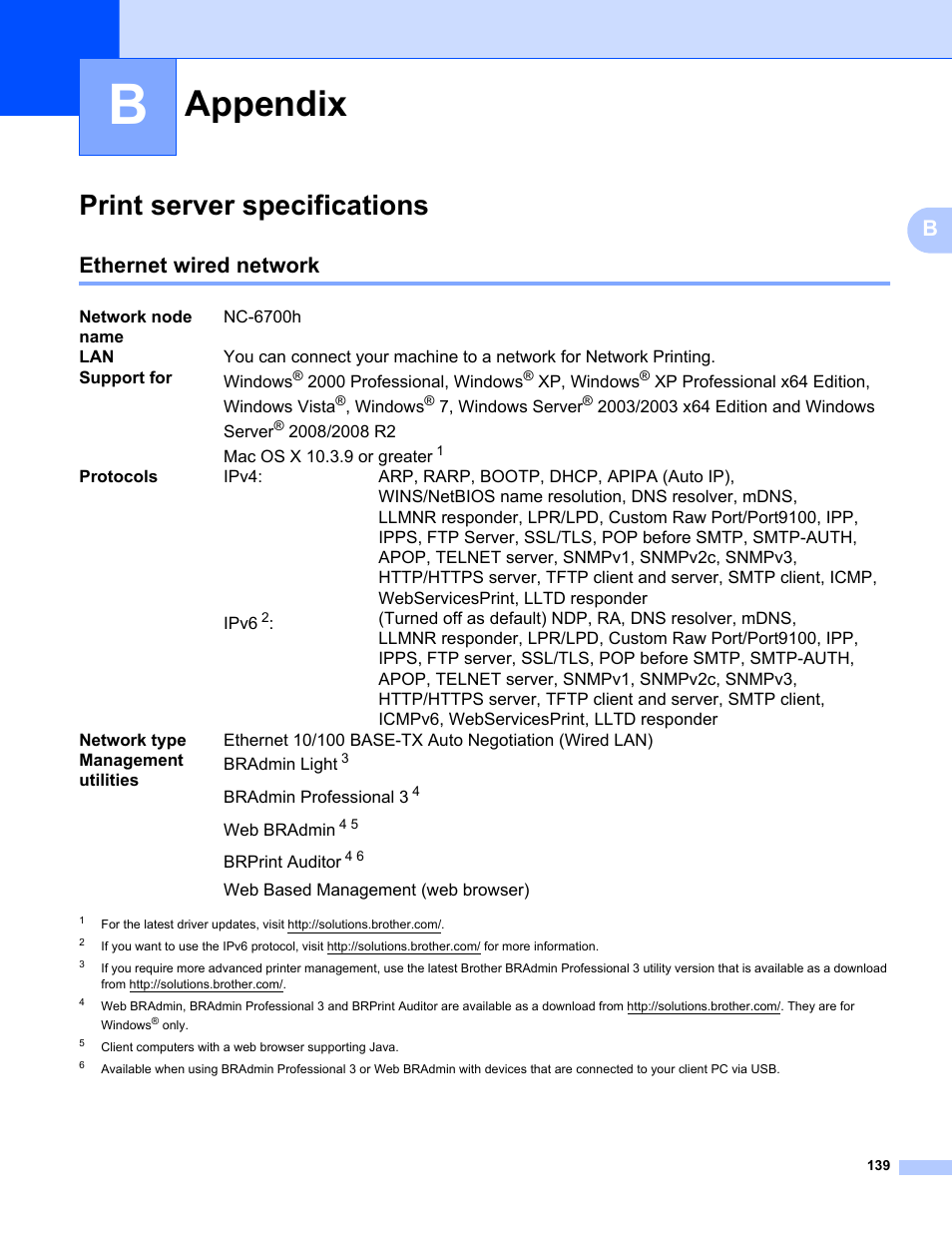 B appendix, Print server specifications, Ethernet wired network | Appendix | Brother HL 3070CW User Manual | Page 149 / 154