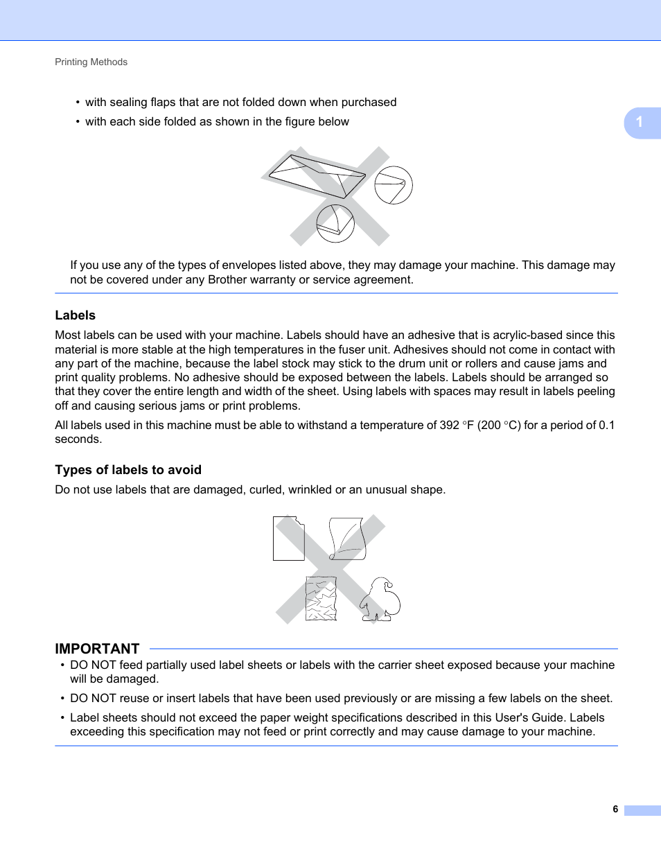 Labels, Types of labels to avoid, Important | Brother HL-L8350CDWT User Manual | Page 13 / 223