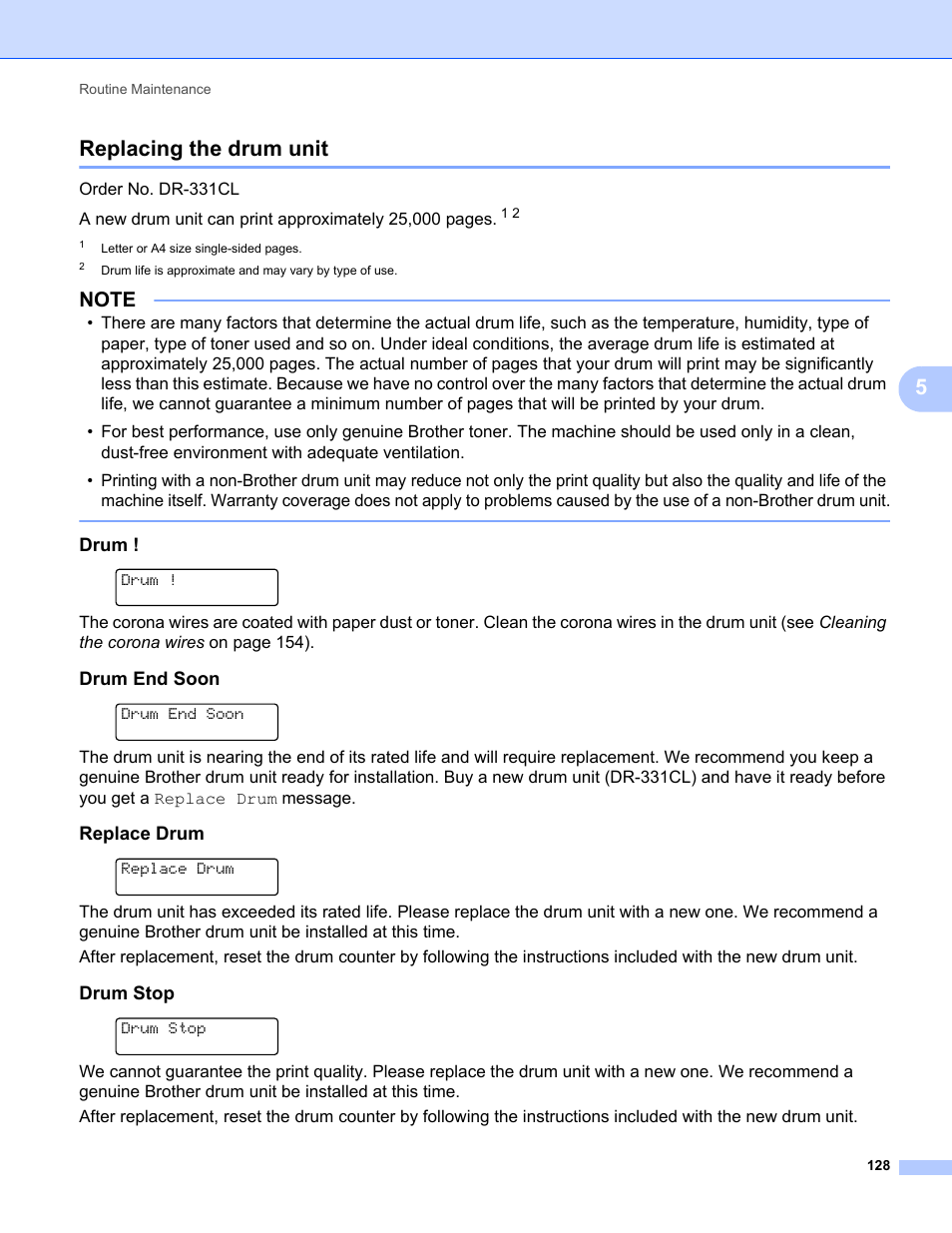 Replacing the drum unit, Drum, Drum end soon | Replace drum, Drum stop, 5replacing the drum unit | Brother HL-L8350CDWT User Manual | Page 135 / 223