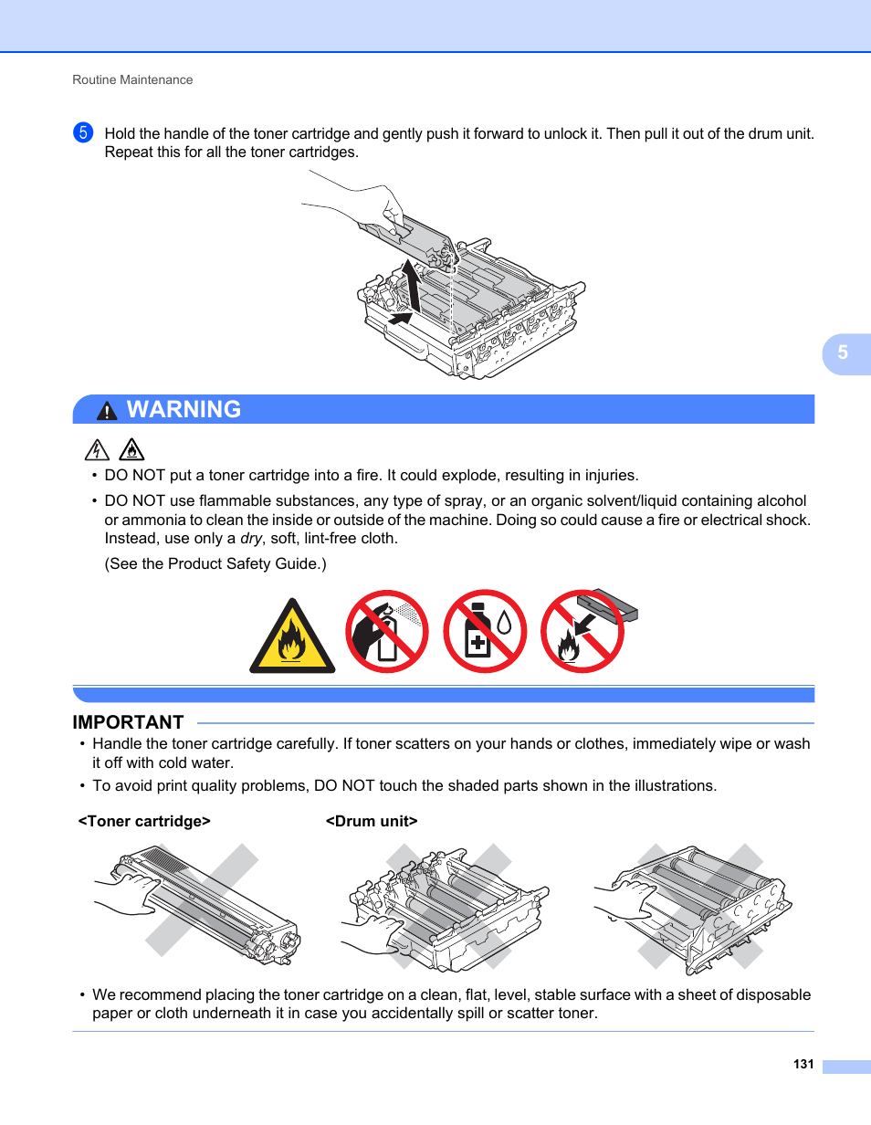 Warning, Important, Toner cartridge> <drum unit | Brother HL-L8350CDWT User Manual | Page 138 / 223