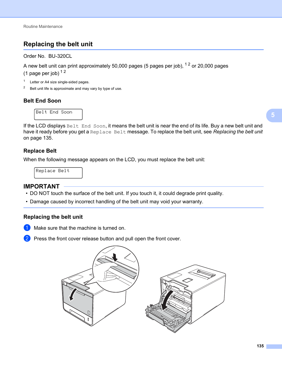 Replacing the belt unit, Belt end soon, Replace belt | 5replacing the belt unit, Important | Brother HL-L8350CDWT User Manual | Page 142 / 223