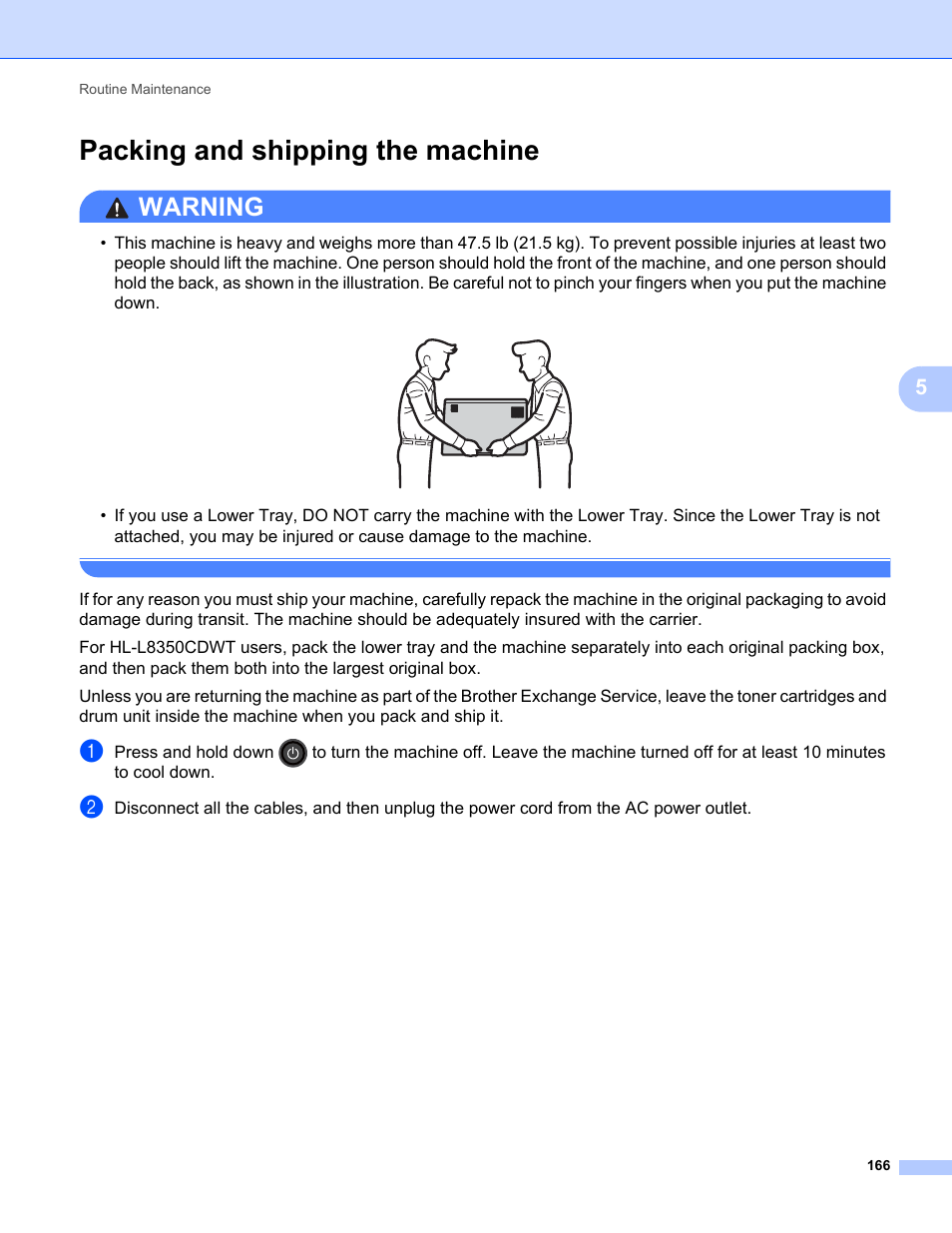 Packing and shipping the machine, Warning | Brother HL-L8350CDWT User Manual | Page 173 / 223