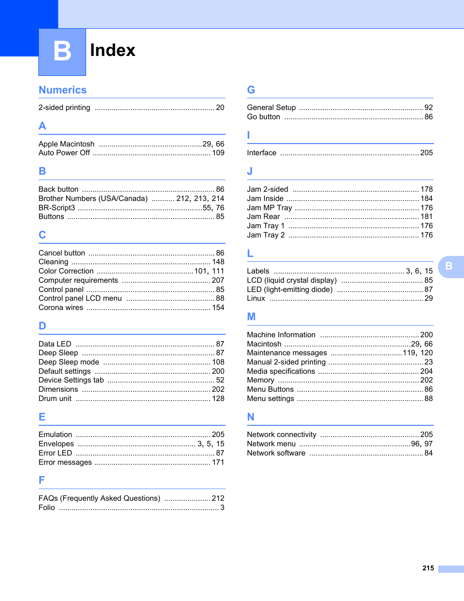 Index, Bnumerics | Brother HL-L8350CDWT User Manual | Page 222 / 223