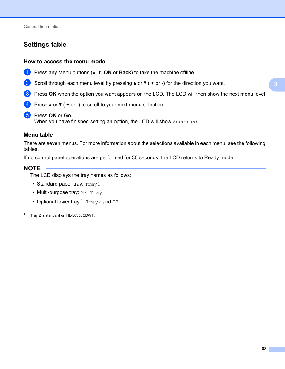 Settings table, How to access the menu mode, Menu table | 3settings table | Brother HL-L8350CDWT User Manual | Page 95 / 223