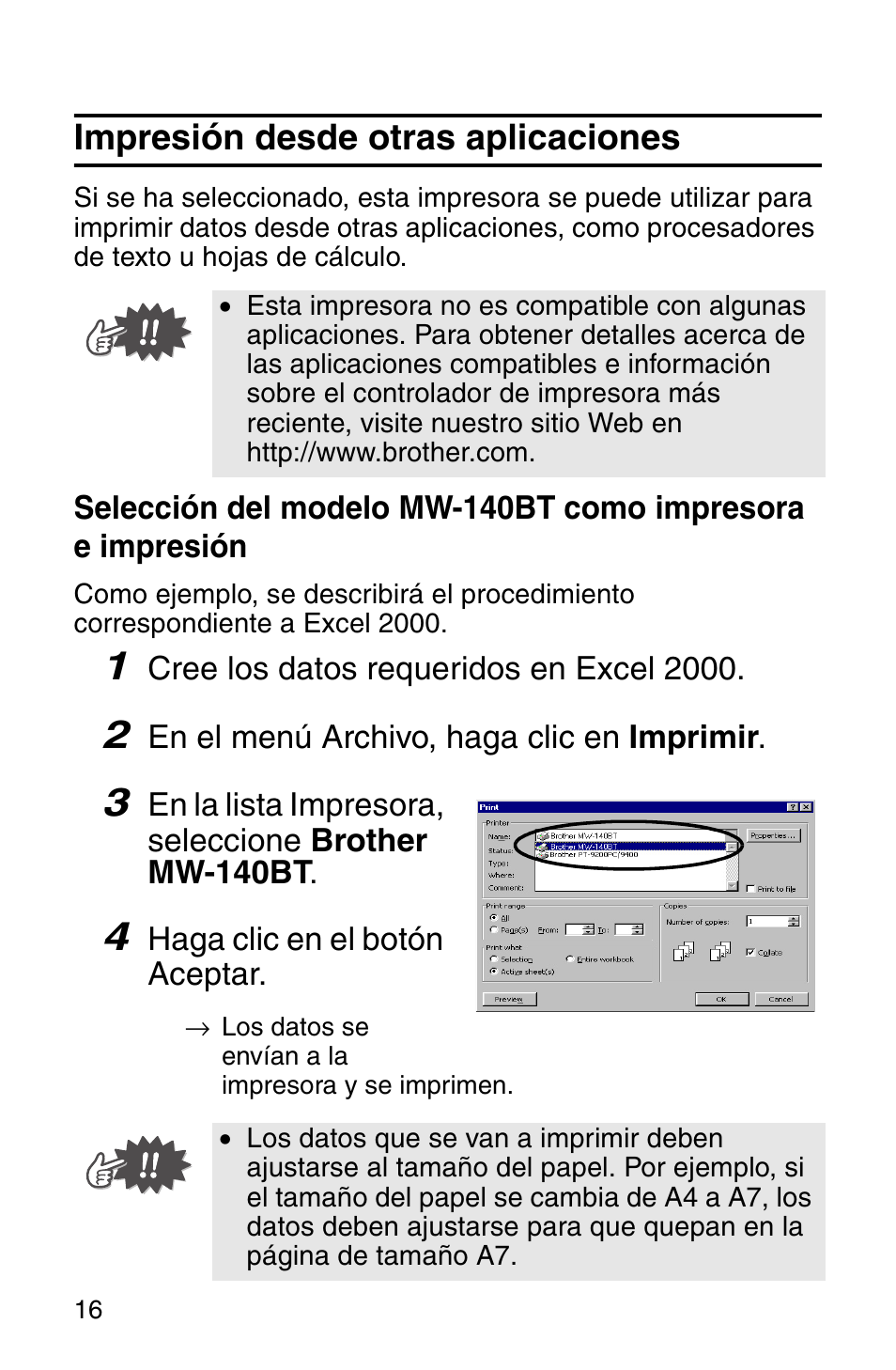 Impresión desde otras aplicaciones | Brother MW-140BT User Manual | Page 64 / 93