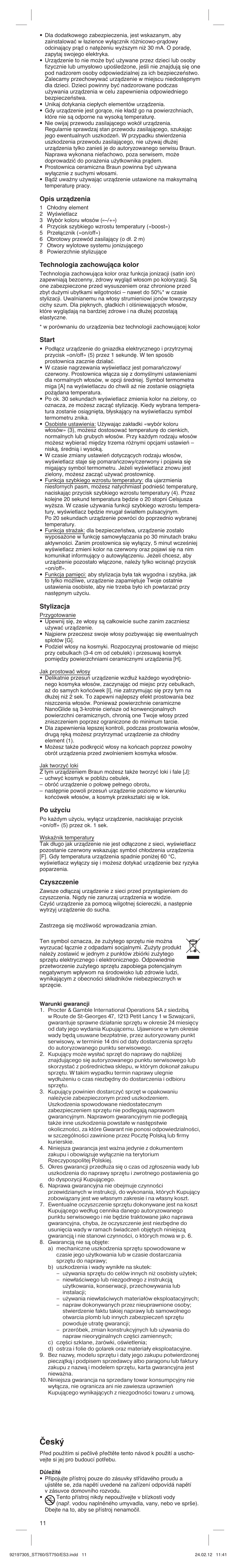 Âesk, Opis urządzenia, Technologia zachowująca kolor | Start, Stylizacja, Po użyciu, Czyszczenie | Braun ES3 Satin Hair 7 User Manual | Page 11 / 21