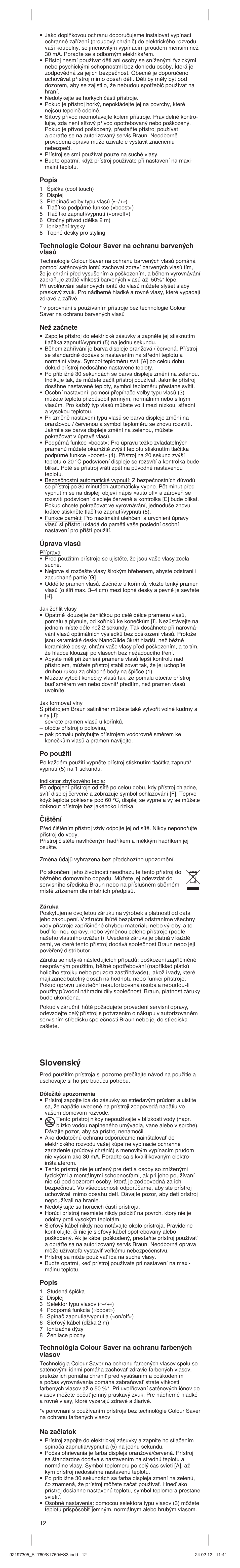 Slovensk, Popis, Než začnete | Úprava vlasů, Po použití, Čištění, Na začiatok | Braun ES3 Satin Hair 7 User Manual | Page 12 / 21