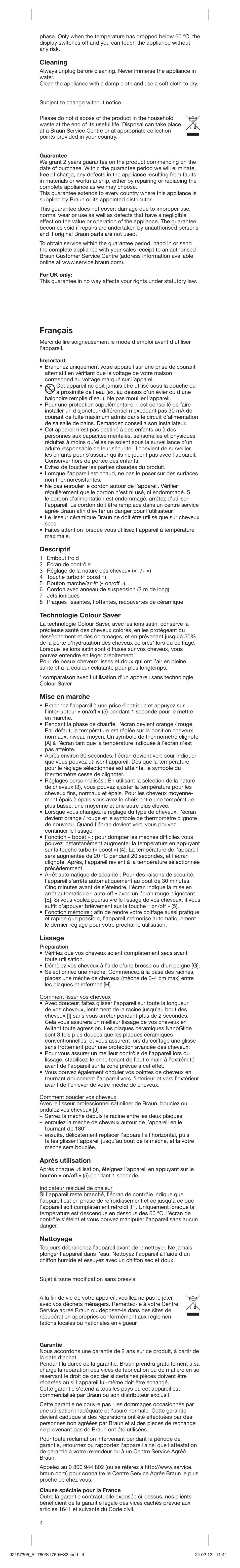 Français, Cleaning, Descriptif | Technologie colour saver, Mise en marche, Lissage, Après utilisation, Nettoyage | Braun ES3 Satin Hair 7 User Manual | Page 4 / 21