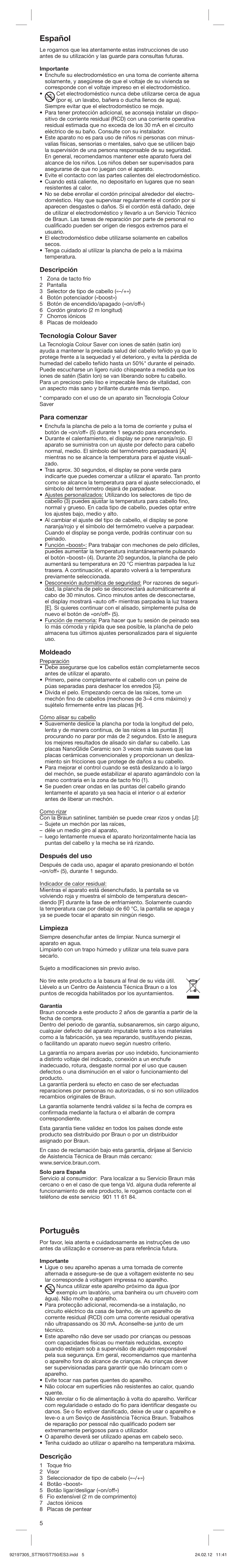 Español, Português, Descripción | Tecnología colour saver, Para comenzar, Moldeado, Después del uso, Limpieza, Descrição | Braun ES3 Satin Hair 7 User Manual | Page 5 / 21