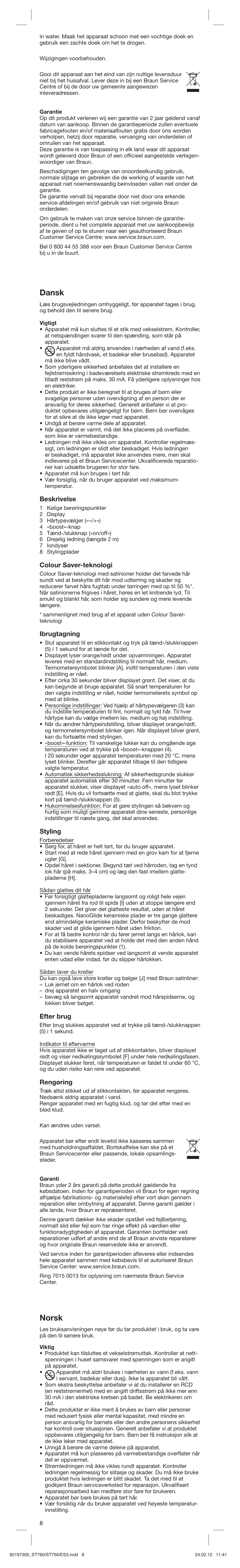 Dansk, Norsk, Beskrivelse | Colour saver-teknologi, Ibrugtagning, Styling, Efter brug, Rengøring | Braun ES3 Satin Hair 7 User Manual | Page 8 / 21