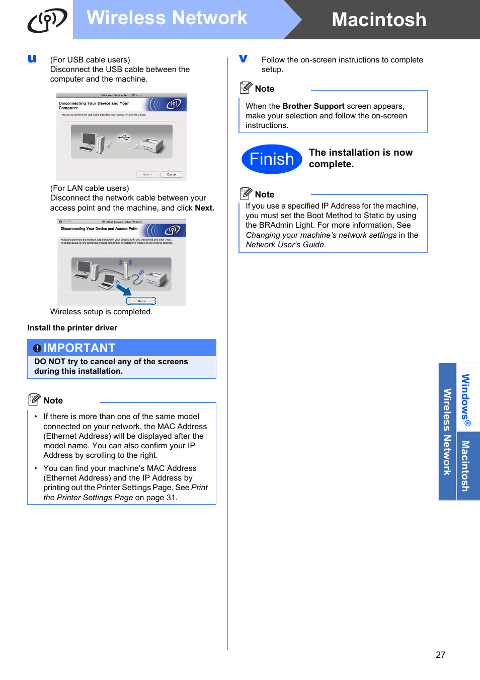 Ers, go to, U. i, Macintosh wireless network | Finish, Important | Brother HL 2270DW User Manual | Page 27 / 35