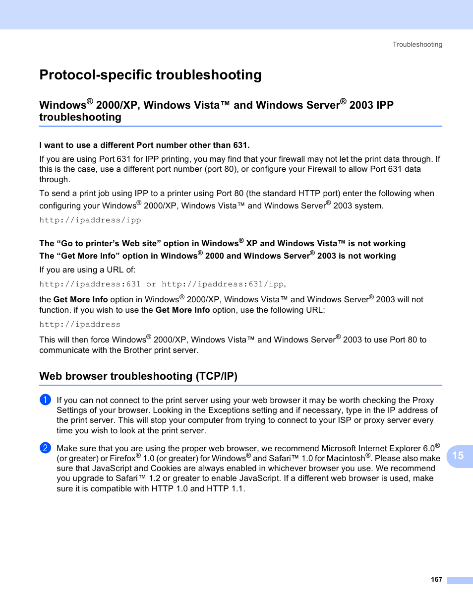 Protocol-specific troubleshooting, Web browser troubleshooting (tcp/ip), Windows | 2000/xp, windows vista™ and windows server, 2003 ipp troubleshooting, 2000/xp, windows vista™ and, Windows server | Brother MFC 9840CDW User Manual | Page 177 / 204