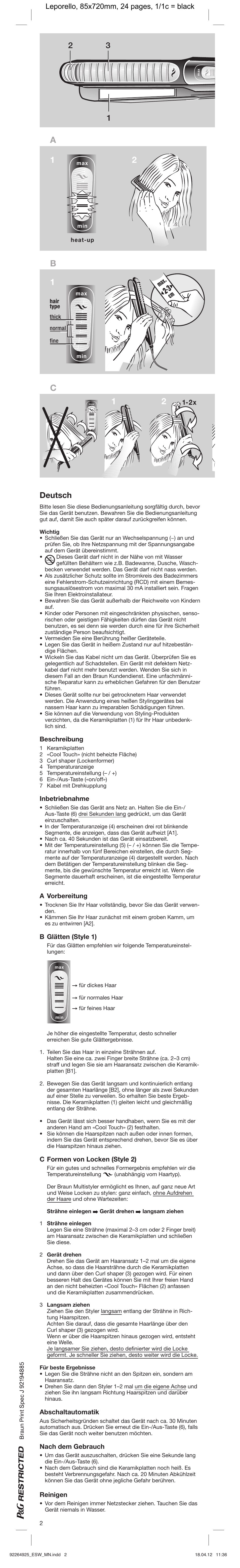 C1 1 2, Deutsch, Beschreibung | Inbetriebnahme, A vorbereitung, B glätten (style 1), C formen von locken (style 2), Abschaltautomatik, Nach dem gebrauch, Reinigen | Braun ESW Satin Hair 5 User Manual | Page 2 / 23