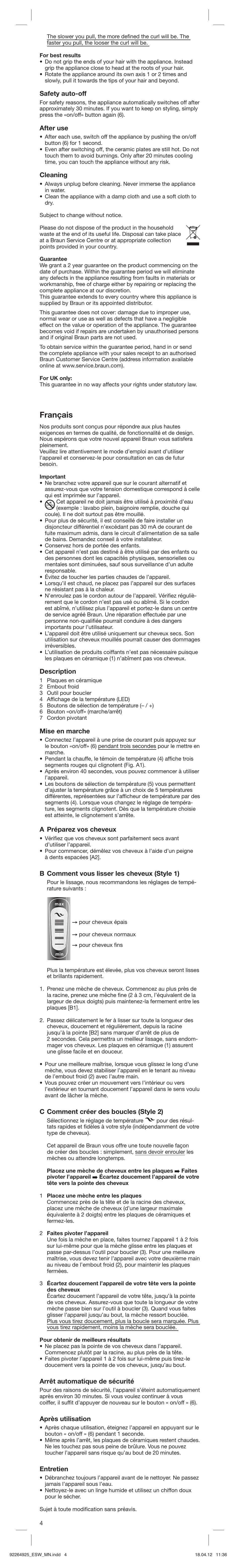 Français, Safety auto-off, After use | Cleaning, Description, Mise en marche, A préparez vos cheveux, B comment vous lisser les cheveux (style 1), C comment créer des boucles (style 2), Arrêt automatique de sécurité | Braun ESW Satin Hair 5 User Manual | Page 4 / 23