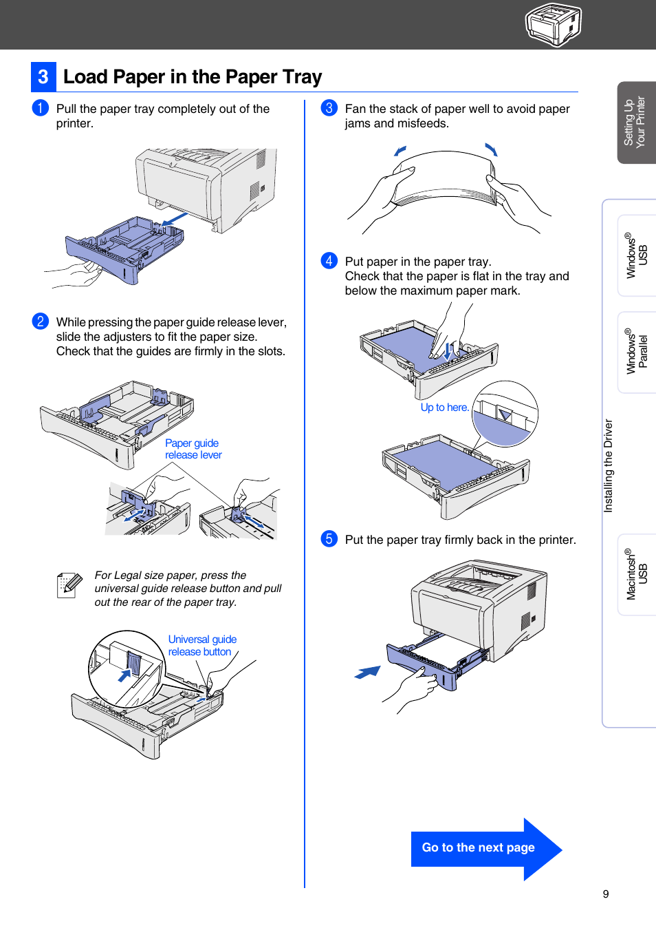 Load paper in the paper tray, 3load paper in the paper tray | Brother HL-5050 User Manual | Page 11 / 26