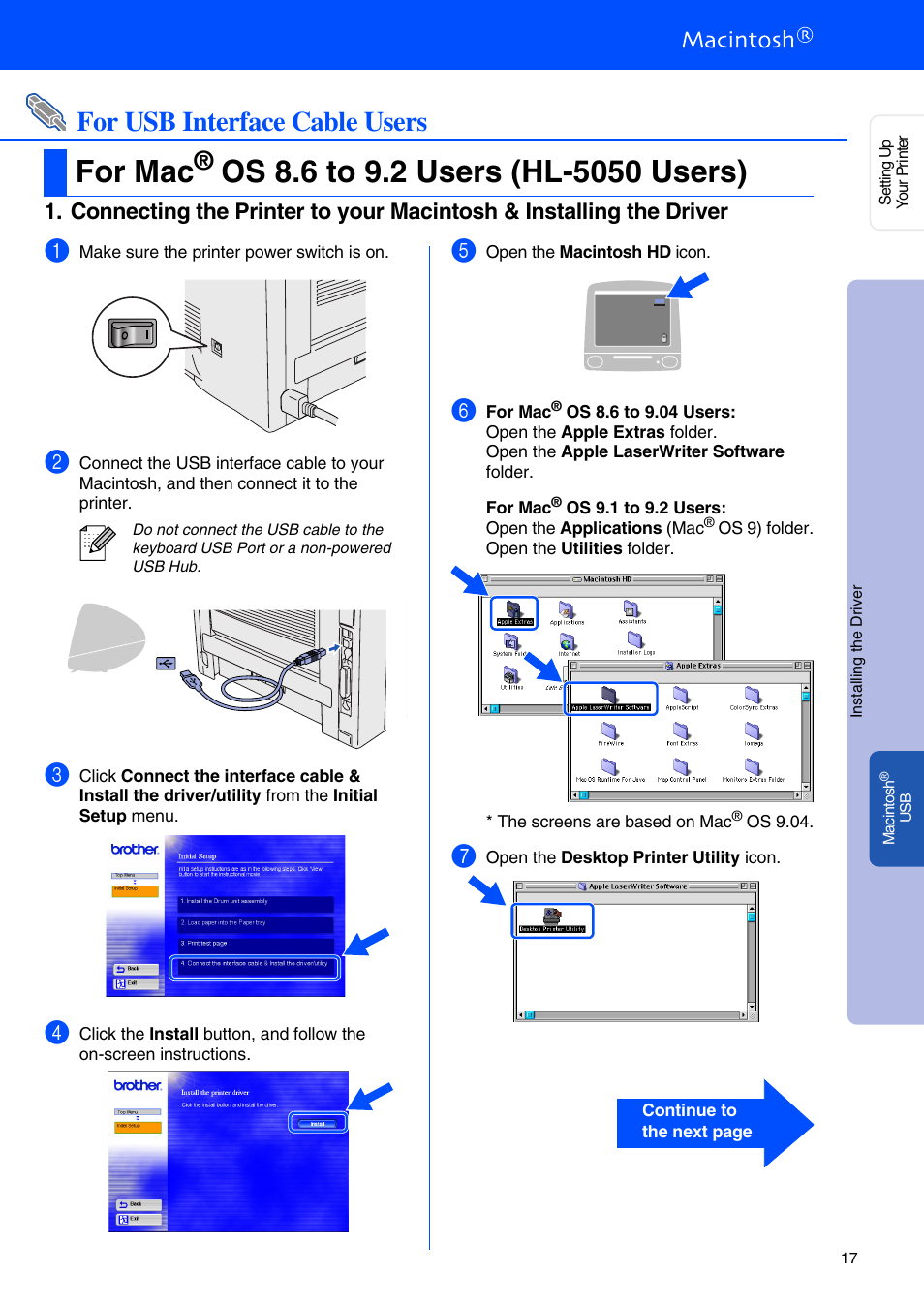For mac® os 8.6 to 9.2 users (hl-5050 users), For mac, Os 8.6 to 9.2 users (hl-5050 users) | For usb interface cable users | Brother HL-5050 User Manual | Page 19 / 26