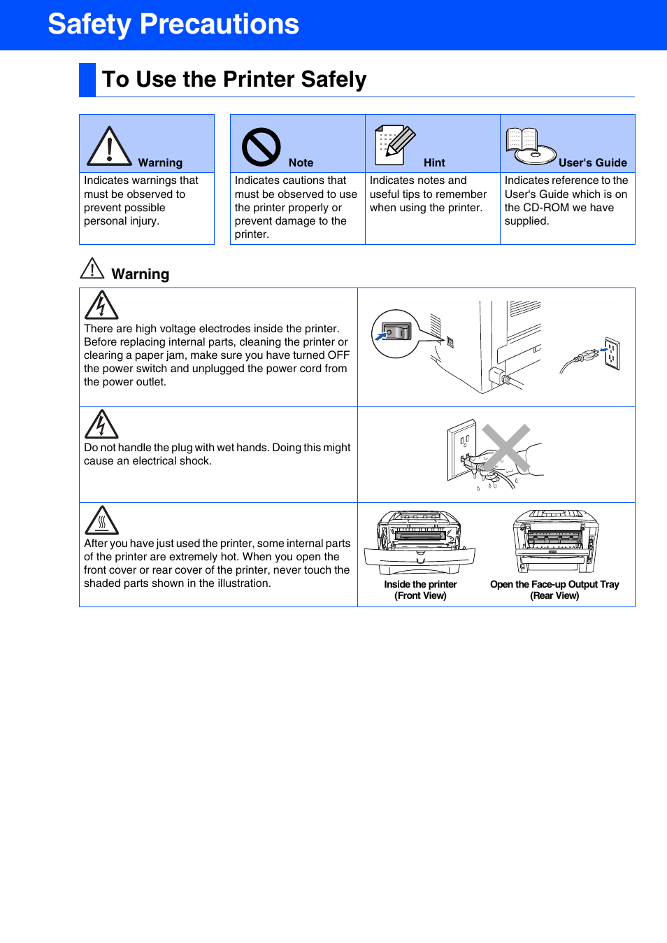 Safety precautions, To use the printer safely | Brother HL-5050 User Manual | Page 2 / 26