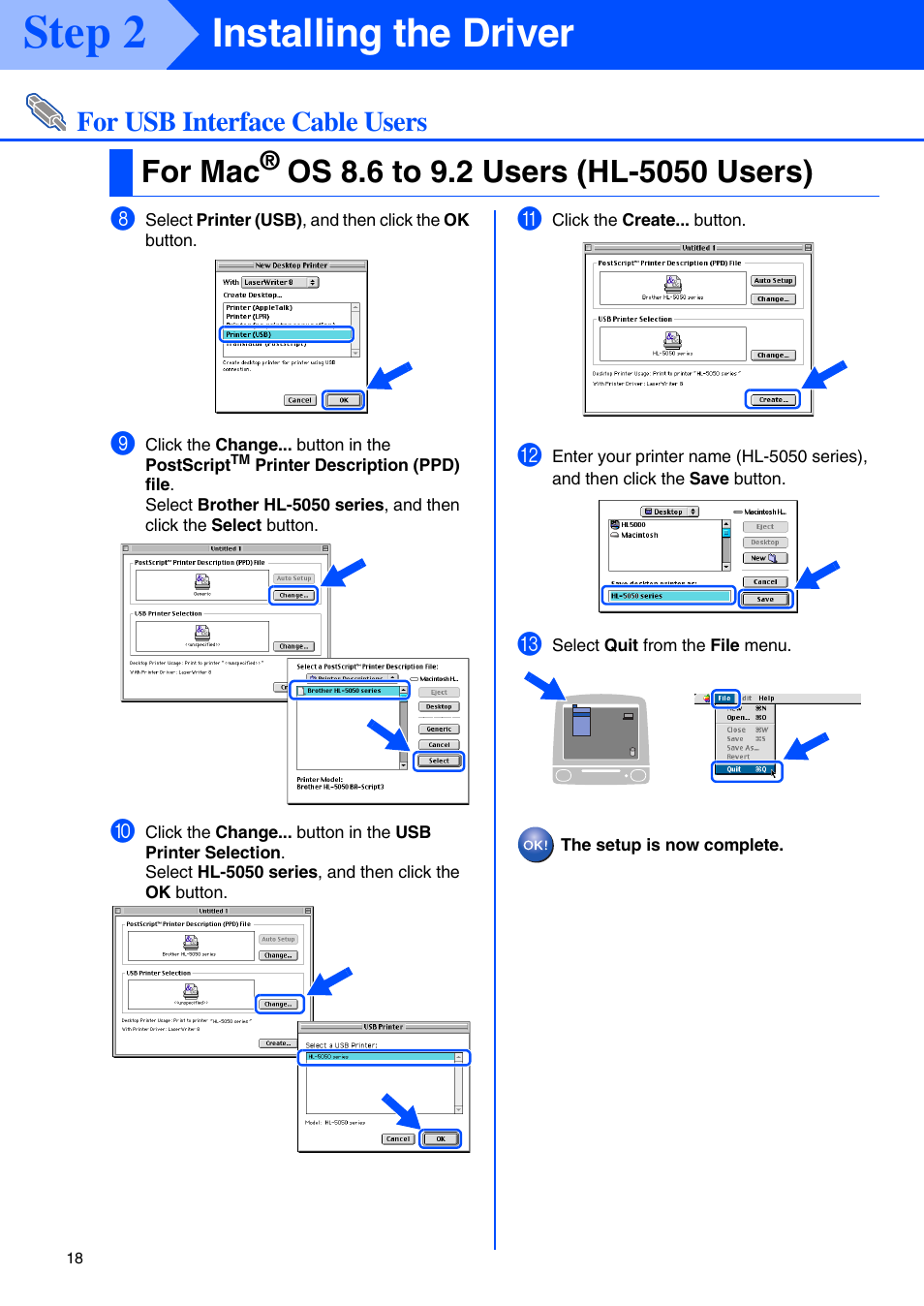 Step 2, Installing the driver, For mac | For usb interface cable users | Brother HL-5050 User Manual | Page 20 / 26
