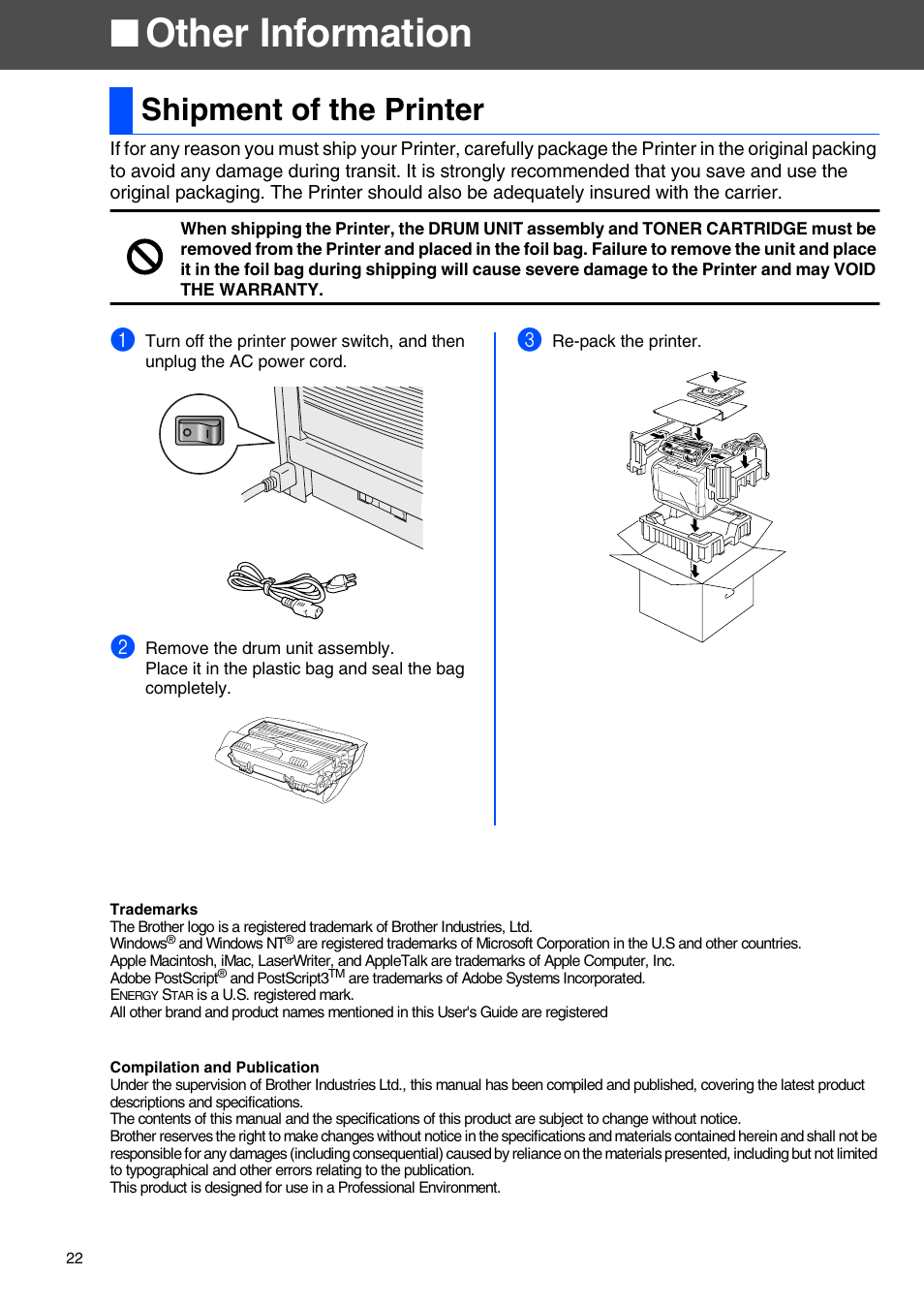 Other information, Shipment of the printer | Brother HL-5050 User Manual | Page 24 / 26