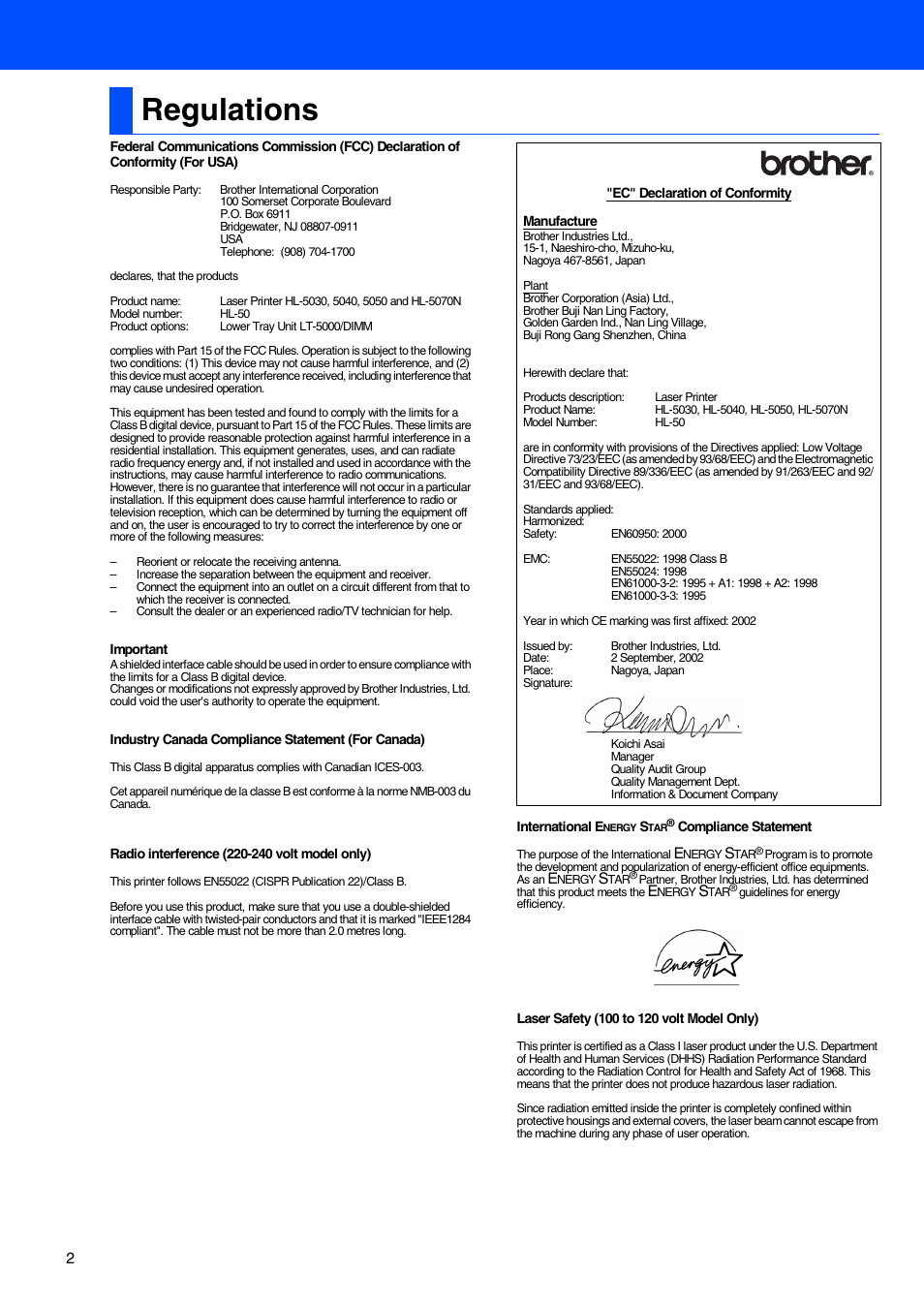 Regulations | Brother HL-5050 User Manual | Page 4 / 26