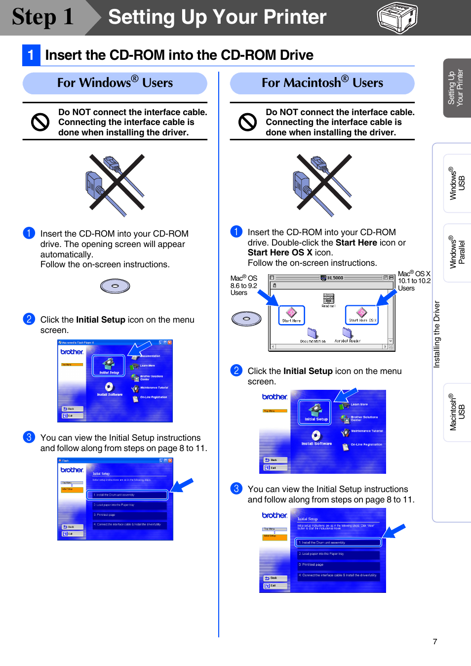 Setting up your printer, Insert the cd-rom into the cd-rom drive, Step 1 | 1insert the cd-rom into the cd-rom drive, For windows, Users for macintosh, Users | Brother HL-5050 User Manual | Page 9 / 26
